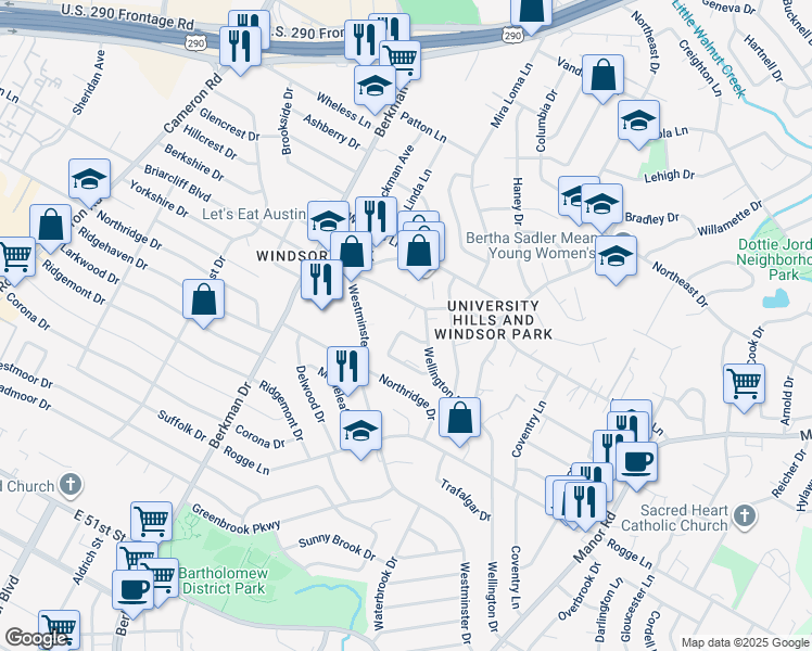 map of restaurants, bars, coffee shops, grocery stores, and more near 2000 Dexmoor Drive in Austin
