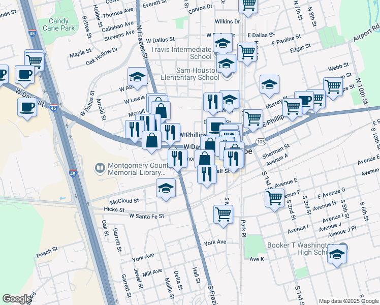 map of restaurants, bars, coffee shops, grocery stores, and more near 505 Texas 105 in Conroe