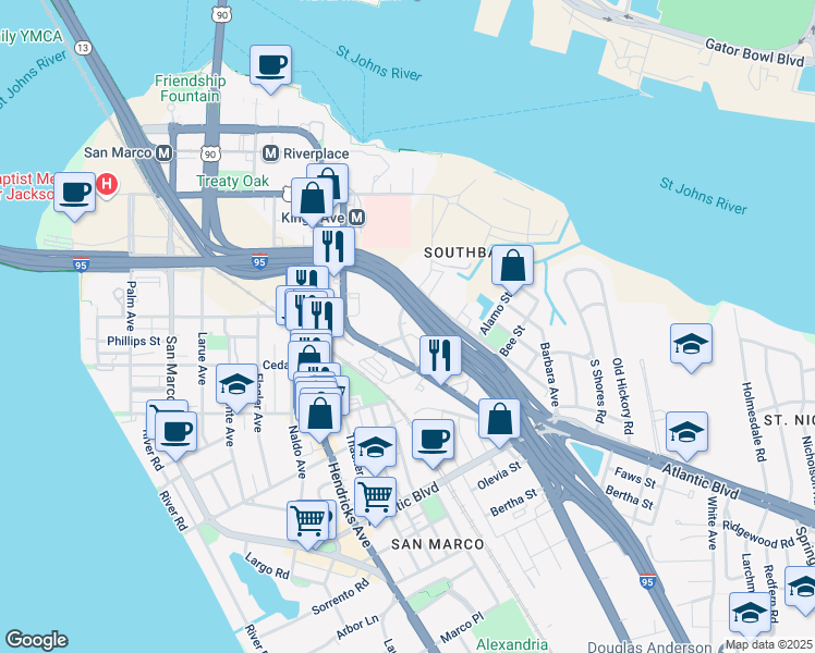 map of restaurants, bars, coffee shops, grocery stores, and more near 1445 Montana Avenue in Jacksonville