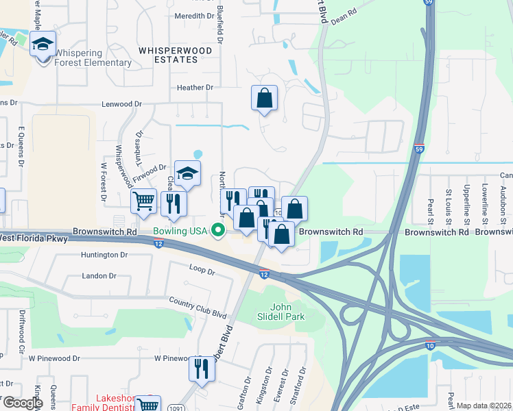 map of restaurants, bars, coffee shops, grocery stores, and more near 4 Tidewater Drive in Slidell