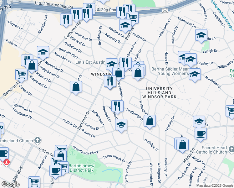 map of restaurants, bars, coffee shops, grocery stores, and more near 5811 Berkman Drive in Austin