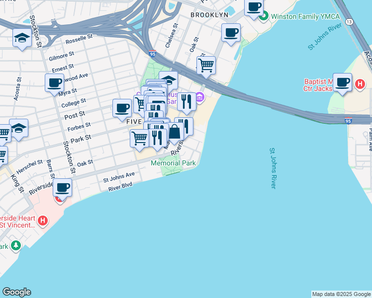 map of restaurants, bars, coffee shops, grocery stores, and more near 550 Lancaster Street in Jacksonville