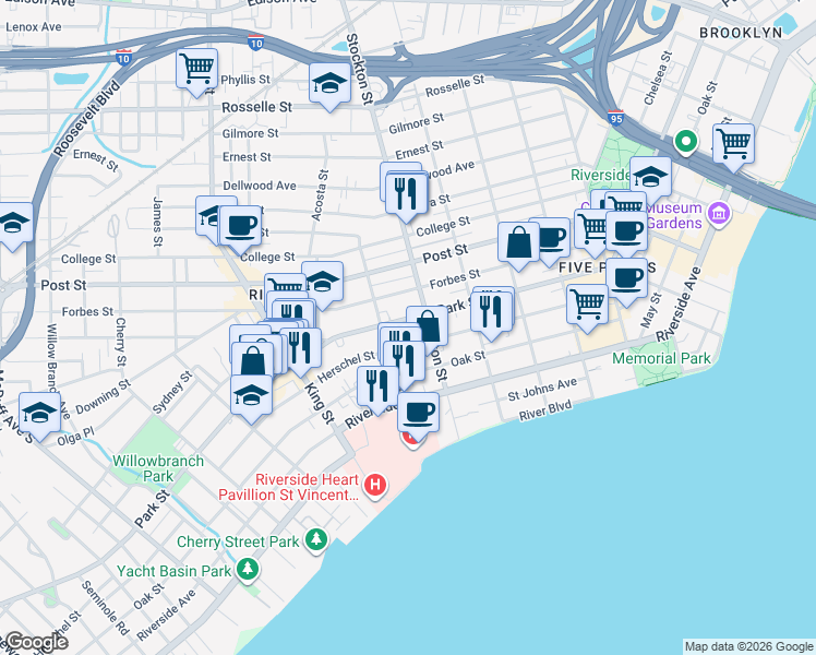 map of restaurants, bars, coffee shops, grocery stores, and more near 2504 Park Street in Jacksonville