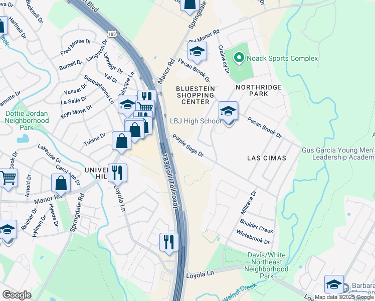 map of restaurants, bars, coffee shops, grocery stores, and more near 5101 Purple Sage Drive in Austin
