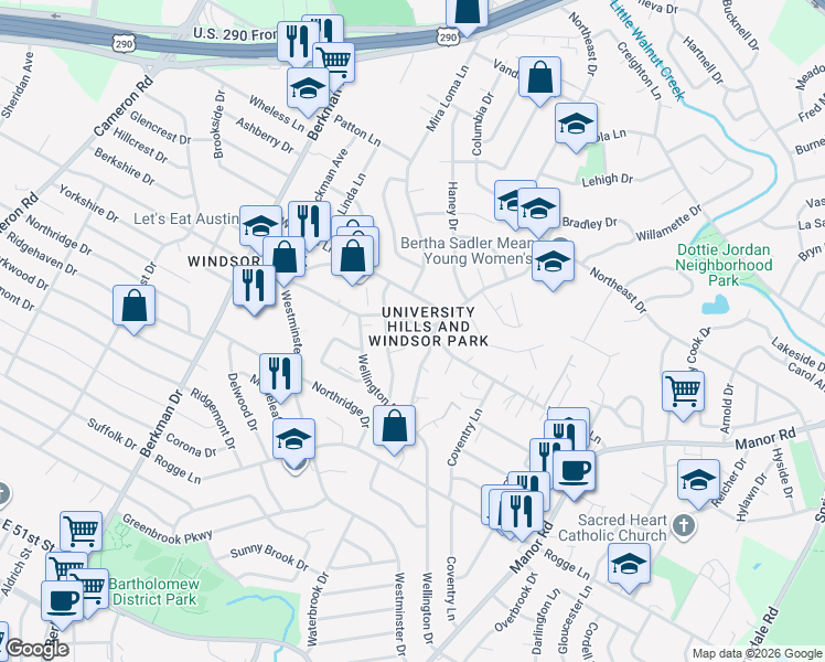 map of restaurants, bars, coffee shops, grocery stores, and more near 2119 Gaston Place Drive in Austin