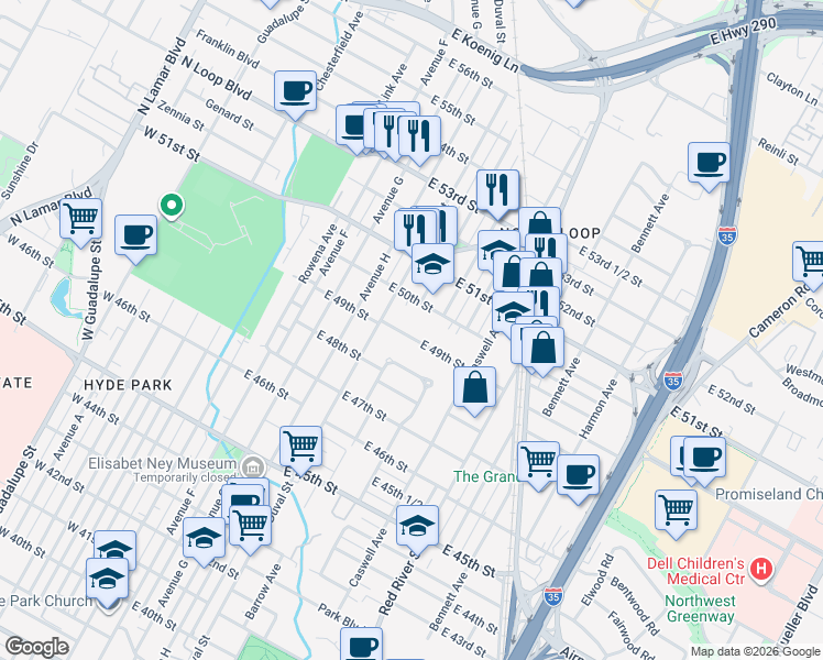 map of restaurants, bars, coffee shops, grocery stores, and more near 506 East 49th Street in Austin