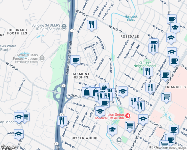 map of restaurants, bars, coffee shops, grocery stores, and more near 3901 Idlewild Road in Austin