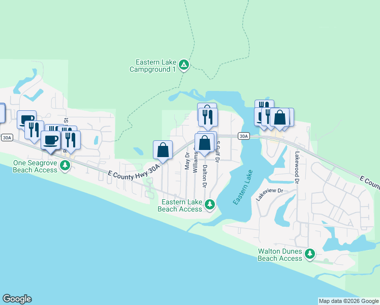 map of restaurants, bars, coffee shops, grocery stores, and more near 37 May Drive in Santa Rosa Beach