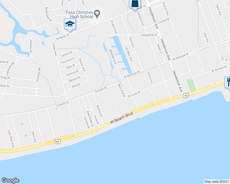 map of restaurants, bars, coffee shops, grocery stores, and more near 735 Wildwood Court in Pass Christian