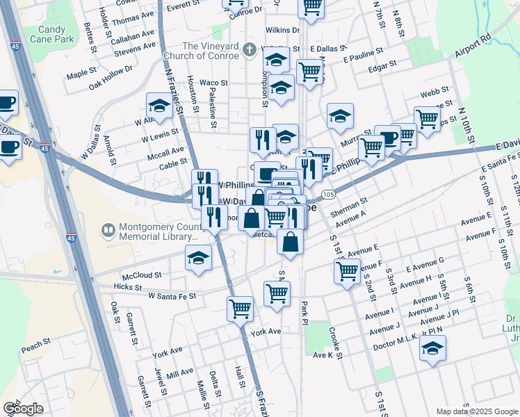 map of restaurants, bars, coffee shops, grocery stores, and more near 301 North Thompson Street in Conroe