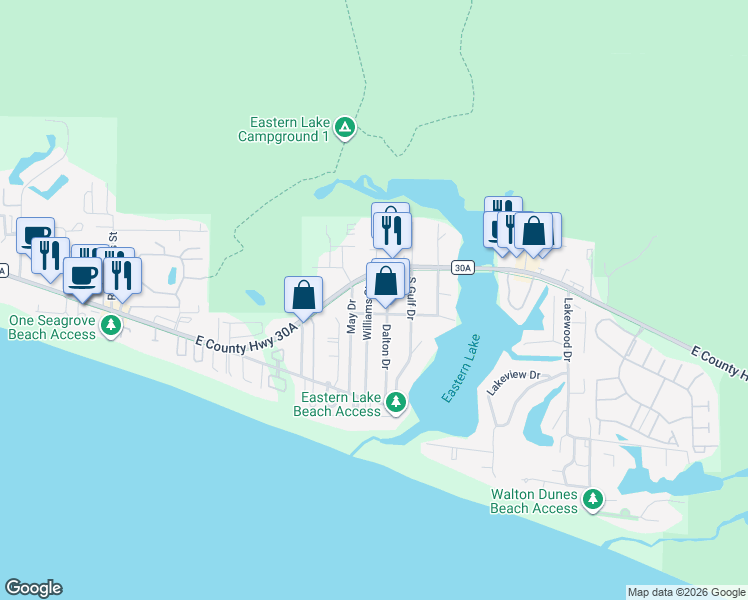 map of restaurants, bars, coffee shops, grocery stores, and more near 225 Dalton Drive in Santa Rosa Beach