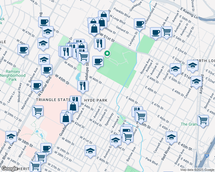 map of restaurants, bars, coffee shops, grocery stores, and more near 300 West 46th Street in Austin