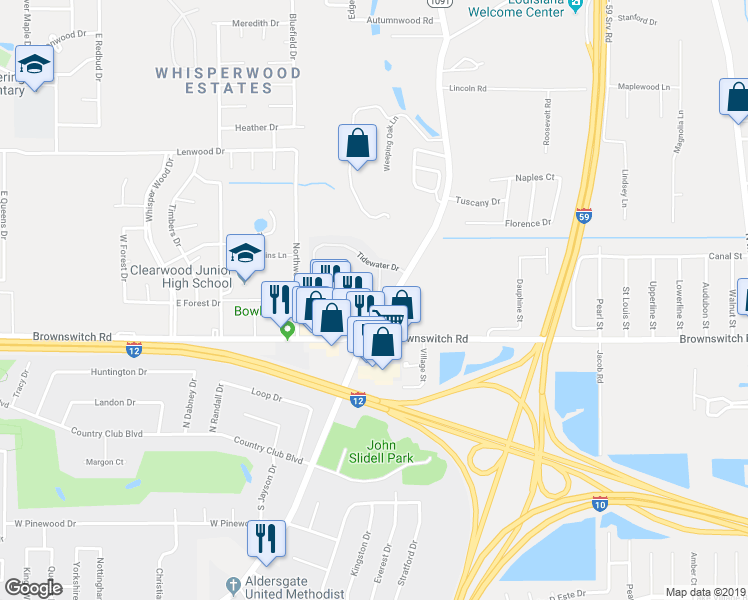 map of restaurants, bars, coffee shops, grocery stores, and more near 1 Pelican Pointe Drive in Slidell