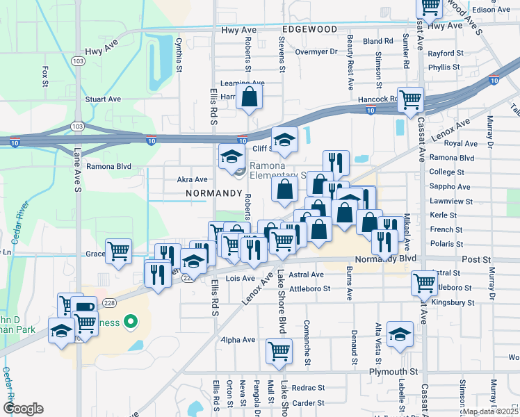 map of restaurants, bars, coffee shops, grocery stores, and more near 5465 Verna Boulevard in Jacksonville