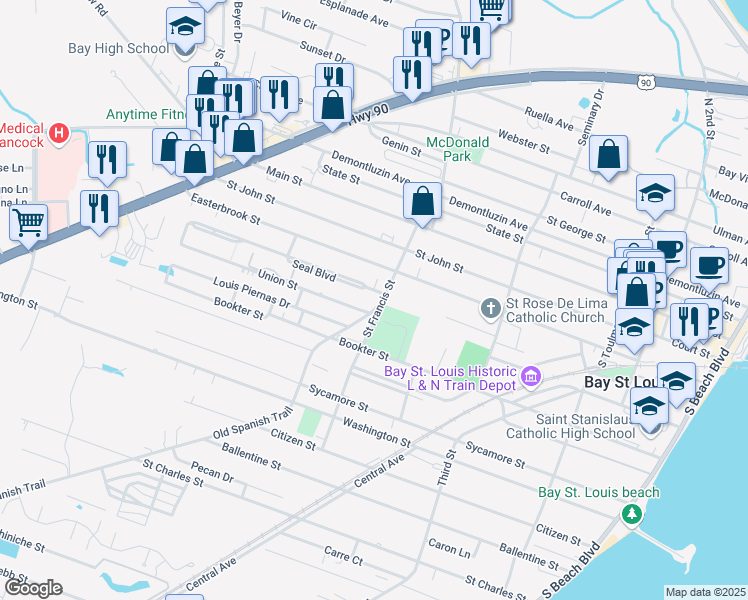 map of restaurants, bars, coffee shops, grocery stores, and more near 320 Saint Francis Street in Bay St. Louis