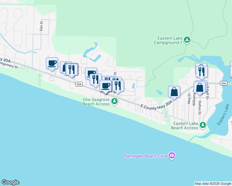 map of restaurants, bars, coffee shops, grocery stores, and more near 36 Palmeira Way in Santa Rosa Beach