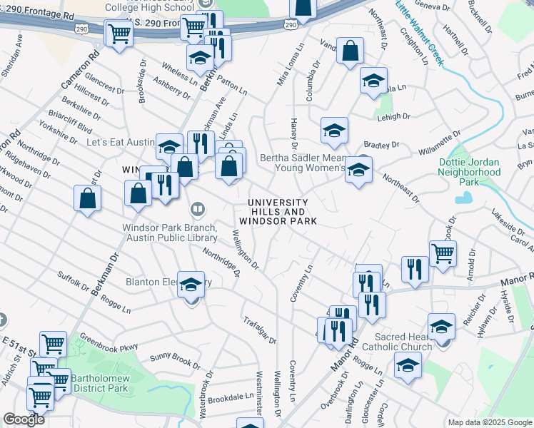 map of restaurants, bars, coffee shops, grocery stores, and more near 2119 Gaston Place Drive in Austin