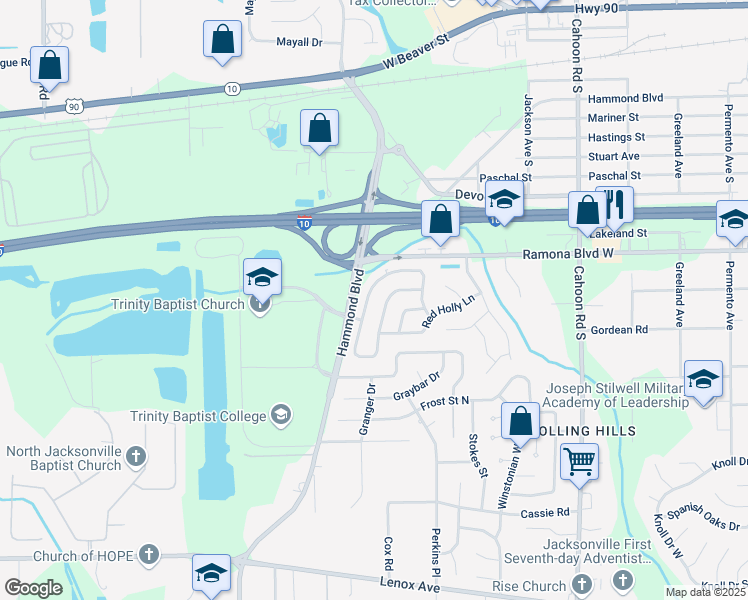 map of restaurants, bars, coffee shops, grocery stores, and more near 763 Perryman Lane West in Jacksonville