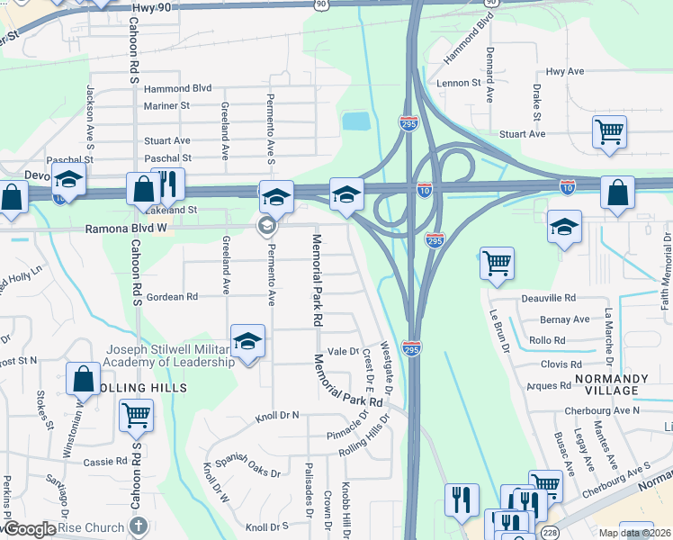 map of restaurants, bars, coffee shops, grocery stores, and more near 7649 Hillside Drive in Jacksonville