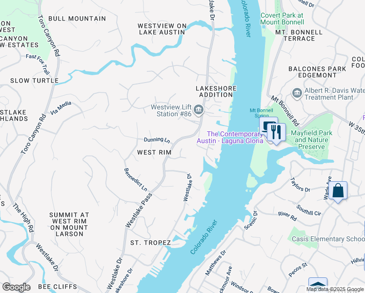 map of restaurants, bars, coffee shops, grocery stores, and more near 2811 Westlake Drive in Austin