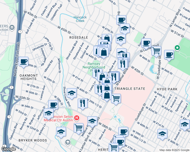 map of restaurants, bars, coffee shops, grocery stores, and more near 4208 Medical Parkway in Austin