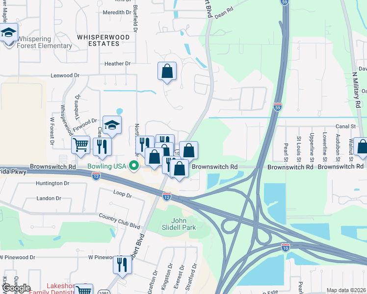 map of restaurants, bars, coffee shops, grocery stores, and more near 2513 Pelican Pointe Drive in Slidell