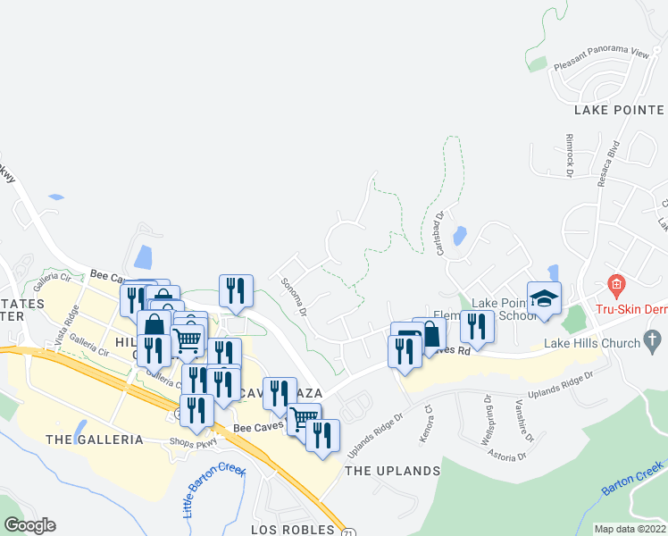 map of restaurants, bars, coffee shops, grocery stores, and more near 12413 Fairfax Ridge Place in Austin