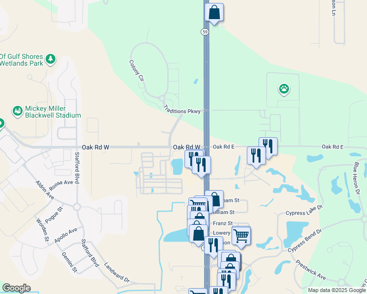 map of restaurants, bars, coffee shops, grocery stores, and more near County Road 6 in Gulf Shores