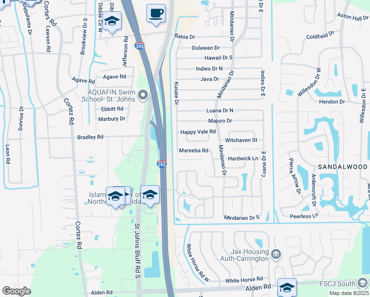 map of restaurants, bars, coffee shops, grocery stores, and more near 10749 Mareeba Road in Jacksonville