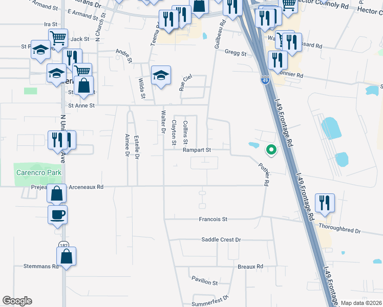 map of restaurants, bars, coffee shops, grocery stores, and more near 306 Rampart Street in Carencro