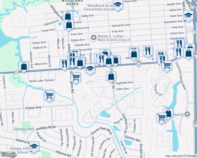 map of restaurants, bars, coffee shops, grocery stores, and more near 7899 Cherry Blossom Drive North in Jacksonville