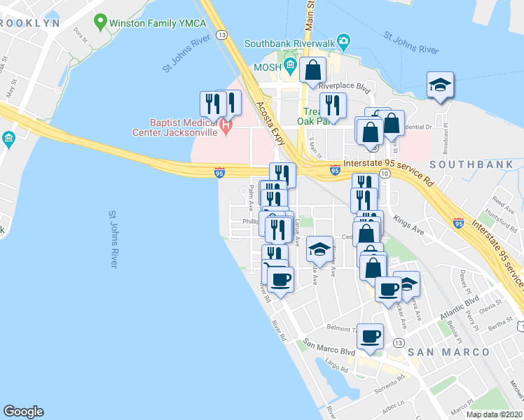 map of restaurants, bars, coffee shops, grocery stores, and more near 924 Childrens Way in Jacksonville