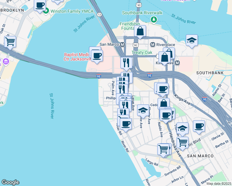 map of restaurants, bars, coffee shops, grocery stores, and more near 924 Childrens Way in Jacksonville