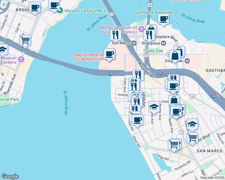 map of restaurants, bars, coffee shops, grocery stores, and more near 1400 Le Baron Avenue in Jacksonville