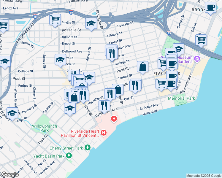 map of restaurants, bars, coffee shops, grocery stores, and more near in Jacksonville