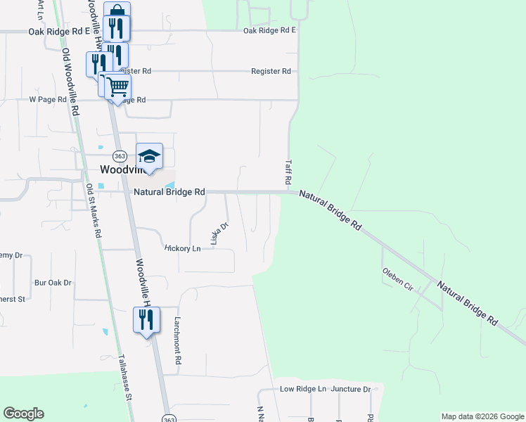 map of restaurants, bars, coffee shops, grocery stores, and more near 10712 Sycamore Ridge Lane in Tallahassee