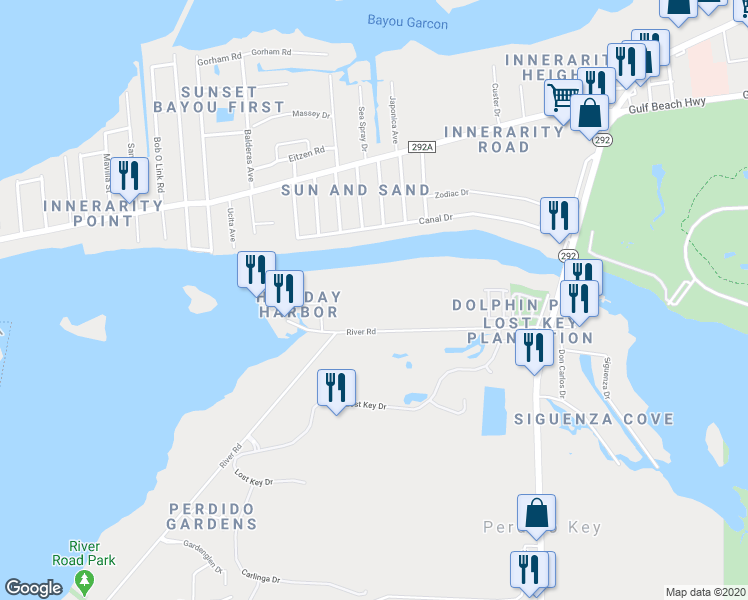 map of restaurants, bars, coffee shops, grocery stores, and more near 14024A Waterview Drive in Pensacola