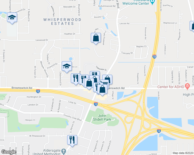 map of restaurants, bars, coffee shops, grocery stores, and more near 1 Pelican Pointe Drive in Slidell