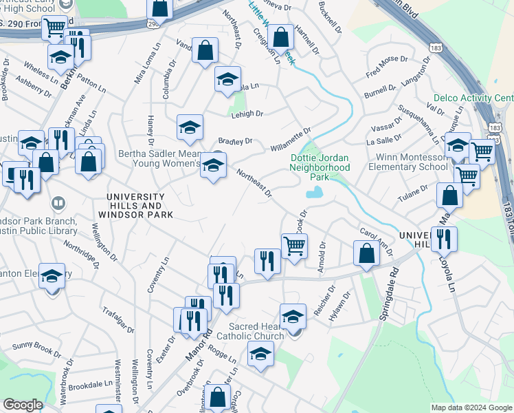 map of restaurants, bars, coffee shops, grocery stores, and more near 6403 Auburn Drive in Austin