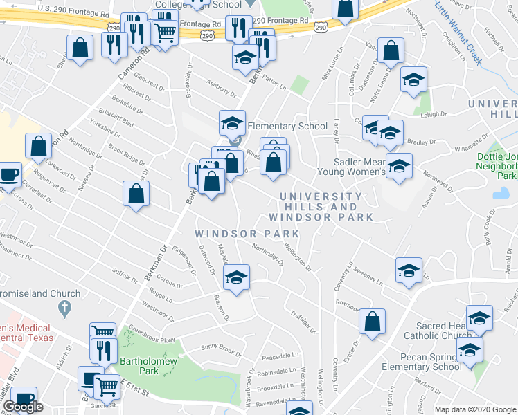 map of restaurants, bars, coffee shops, grocery stores, and more near 2000 Dexmoor Drive in Austin
