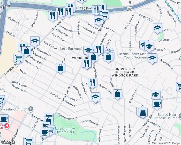 map of restaurants, bars, coffee shops, grocery stores, and more near 5811 Berkman Drive in Austin
