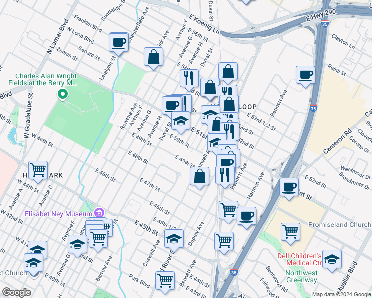 map of restaurants, bars, coffee shops, grocery stores, and more near 613 East 50th Street in Austin