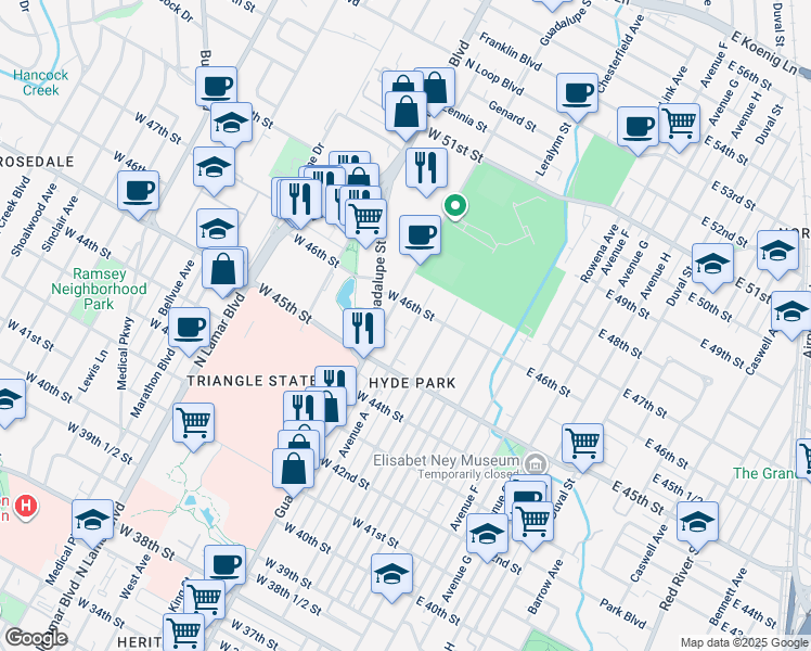 map of restaurants, bars, coffee shops, grocery stores, and more near 4547a Avenue A in Austin