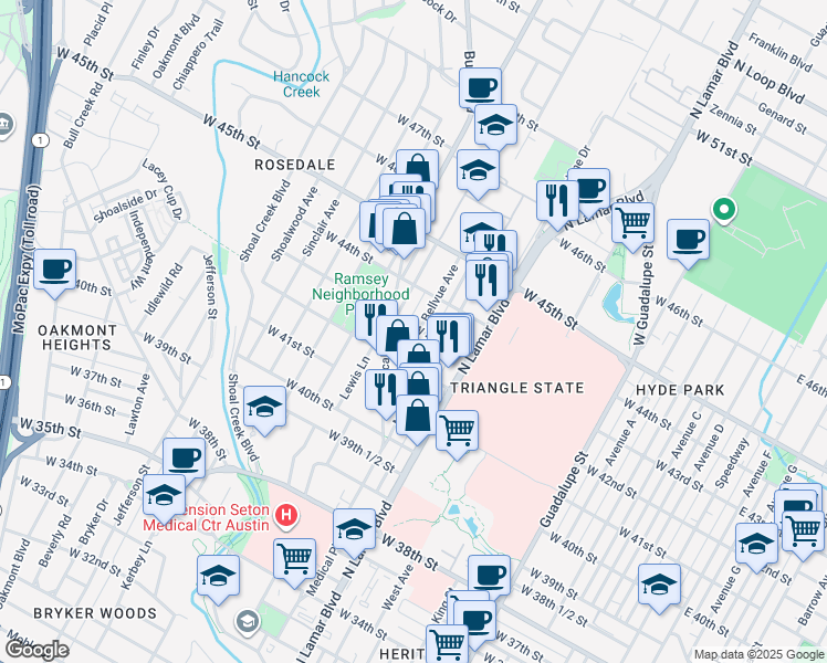 map of restaurants, bars, coffee shops, grocery stores, and more near 4214 Bellvue Avenue in Austin