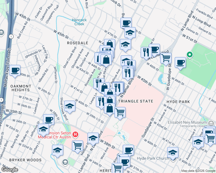 map of restaurants, bars, coffee shops, grocery stores, and more near 4214 Bellvue Avenue in Austin