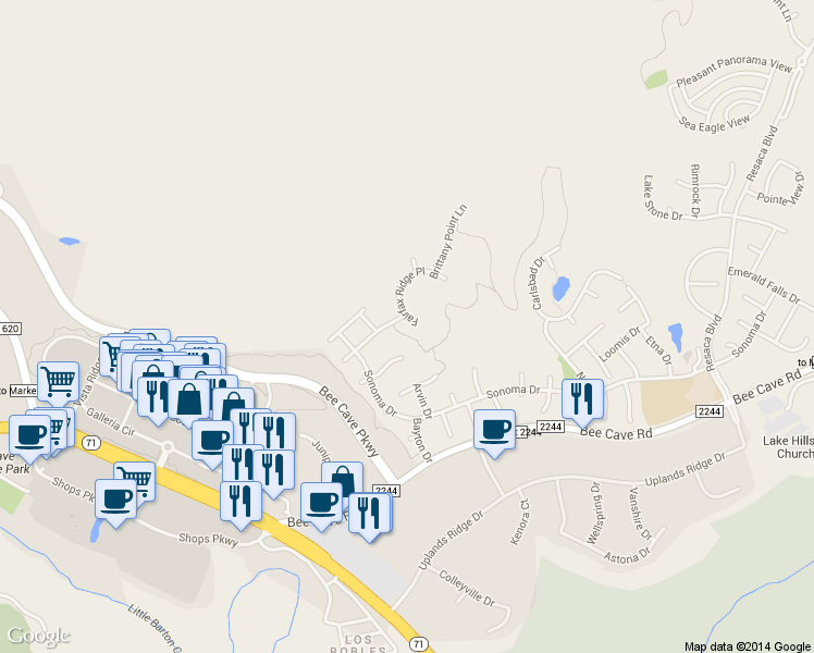 map of restaurants, bars, coffee shops, grocery stores, and more near 12413 Fairfax Ridge Place in Austin