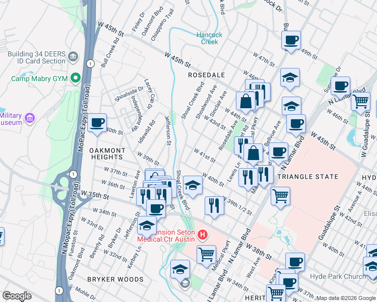 map of restaurants, bars, coffee shops, grocery stores, and more near 4010 Sinclair Avenue in Austin
