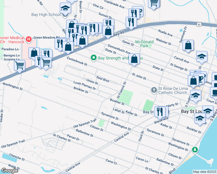map of restaurants, bars, coffee shops, grocery stores, and more near 111 Old Spanish Trail in Bay St. Louis