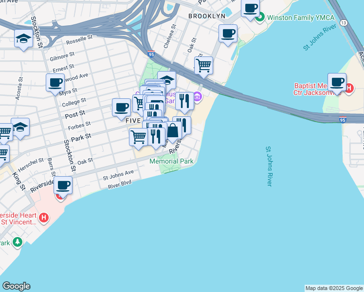 map of restaurants, bars, coffee shops, grocery stores, and more near 550 Lancaster Street in Jacksonville