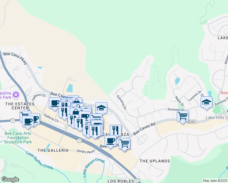 map of restaurants, bars, coffee shops, grocery stores, and more near 3408 San Benito Court in Austin